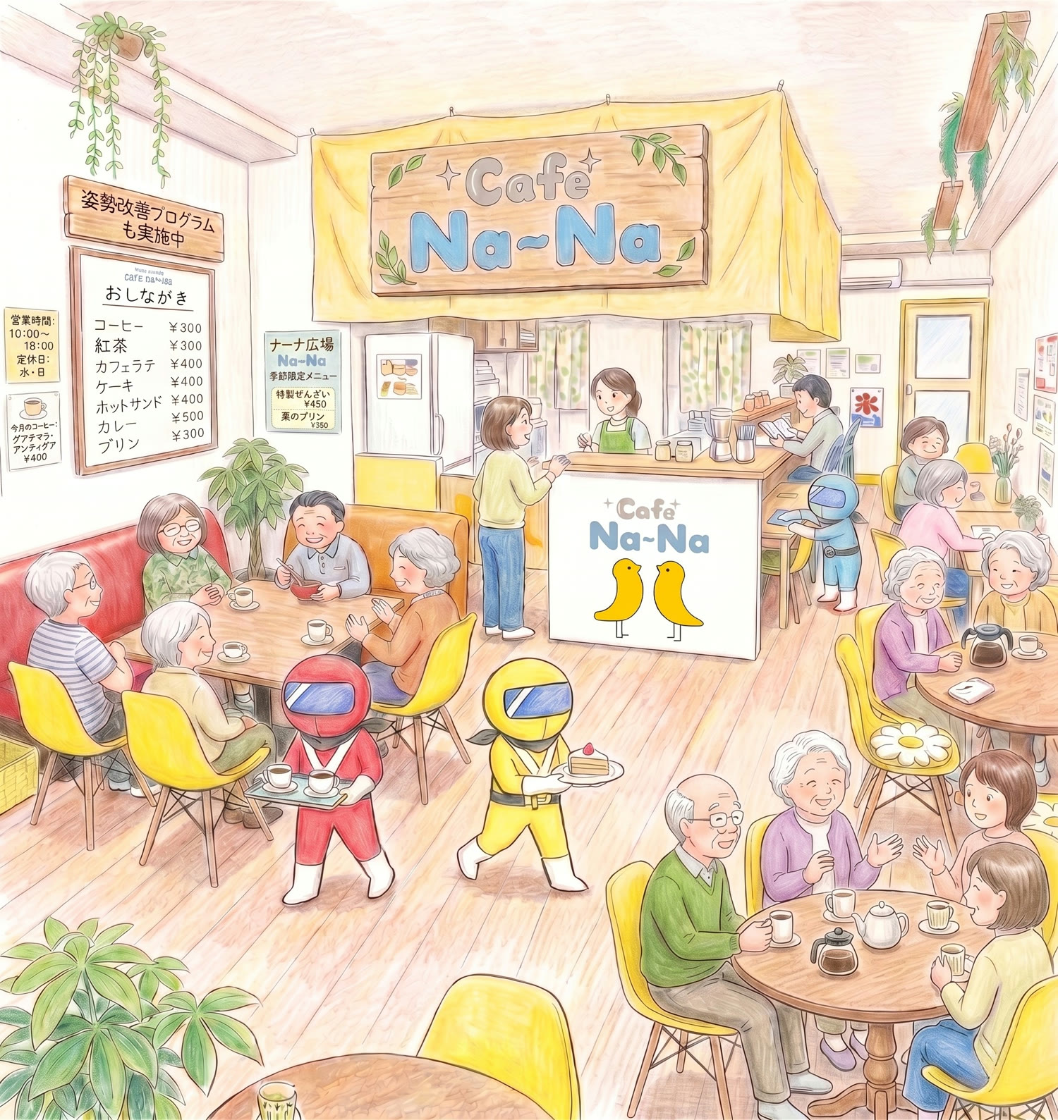 Cafe Na~Naの店内で、高齢のお客さまがコーヒーやおしゃべりを楽しむ様子